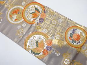 橋本機業製 丸紋に蝶・枝垂れ桜模様織り出し 袋帯